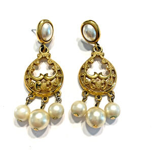 Vintage Napier Gold Tone & Faux Pearls Pierced Earrings Elegant Drop & Dangles